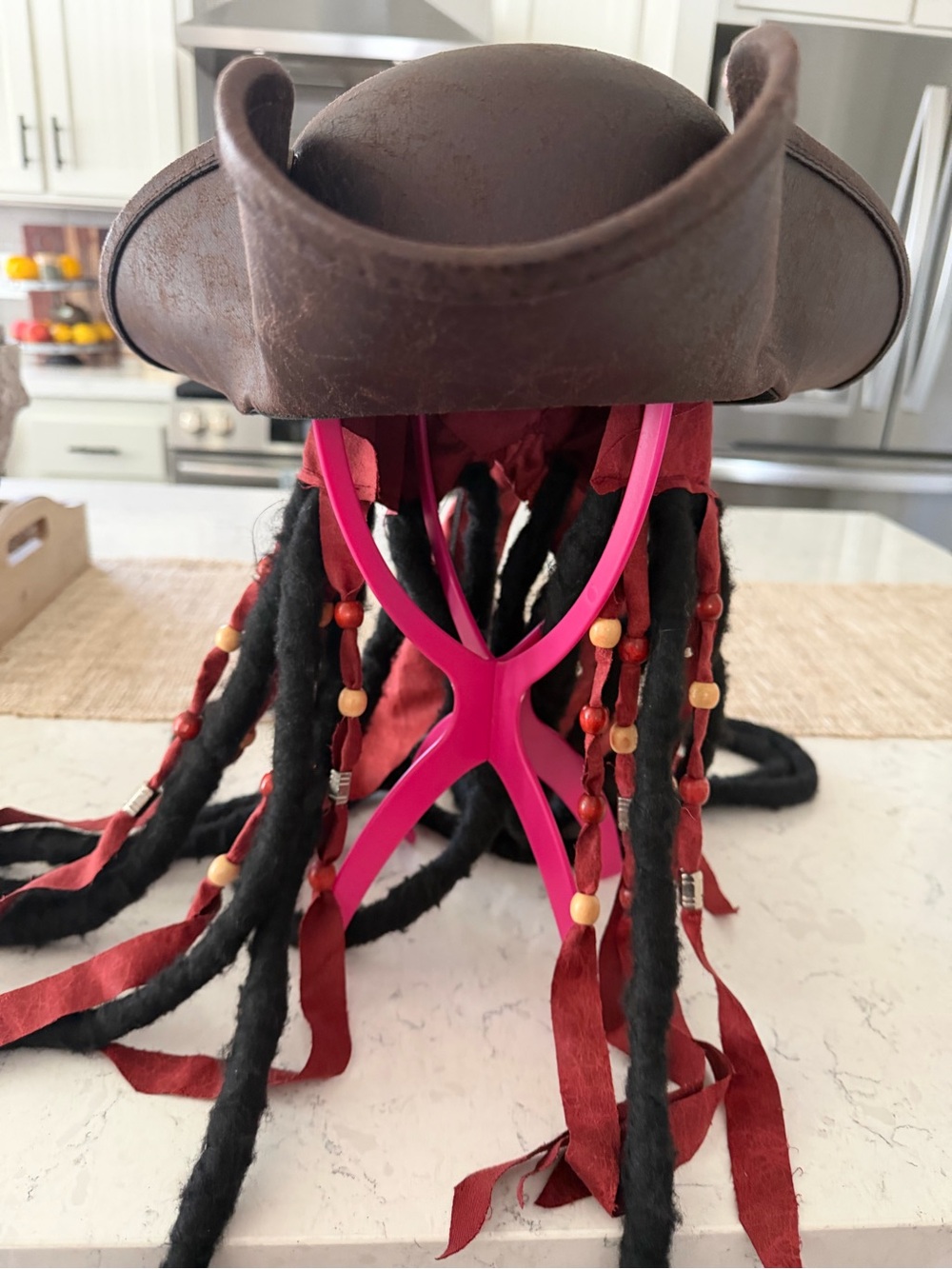 Men’s Pirate Tricorn Hat with Pink Band and Black Dreadlocks